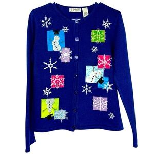 Isabellas's Closet winter themed button down cardigan long sleeve Sz M Indigo